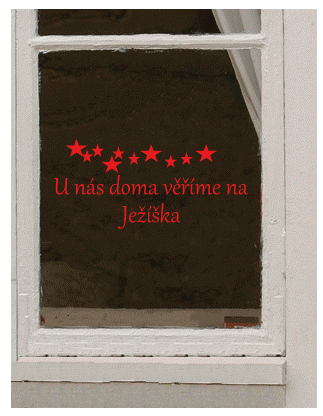 Samolepa na okno - U nás doma věříme na Ježíška (červená)