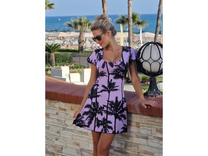 Palm Elegance Purple – letní šaty v naší autorské fialové barvě s černým palmovým tiskem