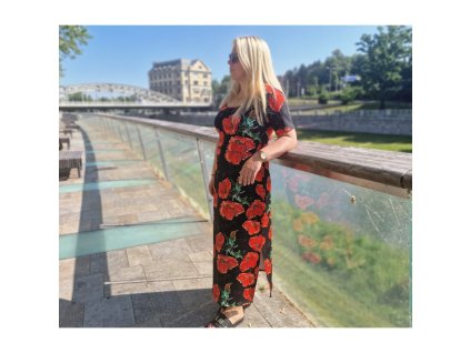 SCARLET ELEGANCE -1 | Dlouhé letní šaty s rudými květy