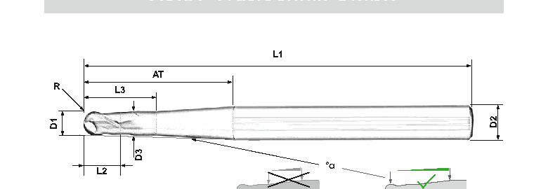 Kótovaný nákres AURA KULON® [4shk] – 4-britová konická TSC guľová fréza
