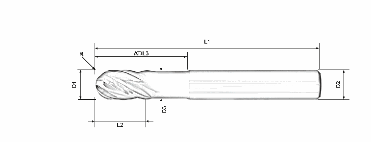 Kótovaný nákres AURA KULON® [4kz] – 4-britová guľová fréza