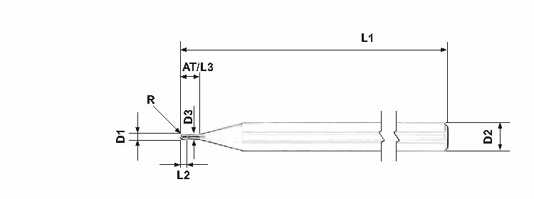 Kótovaný nákres frézy AURA KULON MSHKZ – rozmery D1, R, L2, L3, D3, D2, AT, L1