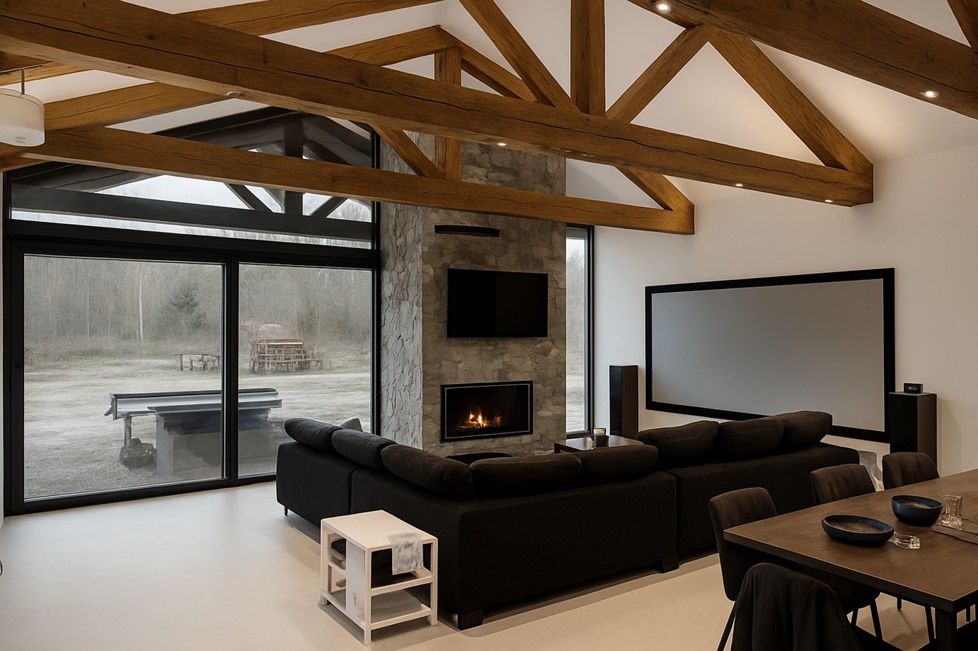 Pevná projekční plocha místo televize a ozvučení prostorného obyvacího pokoje v RD