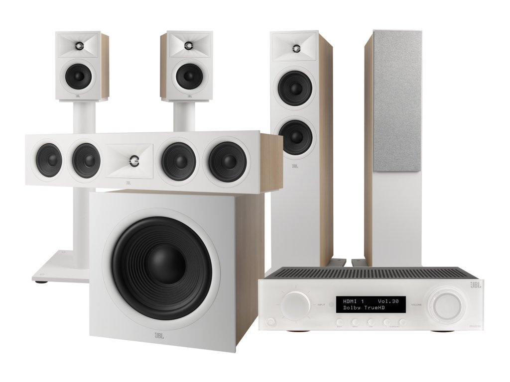 jbl kompletni 5 1 set av zesilovace a reproduktoru pro domaci kino bily