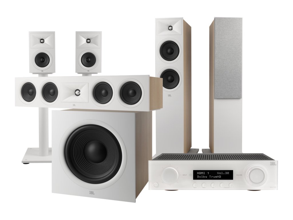 jbl kompletni 5 1 set av zesilovace a reproduktoru pro domaci kino bily