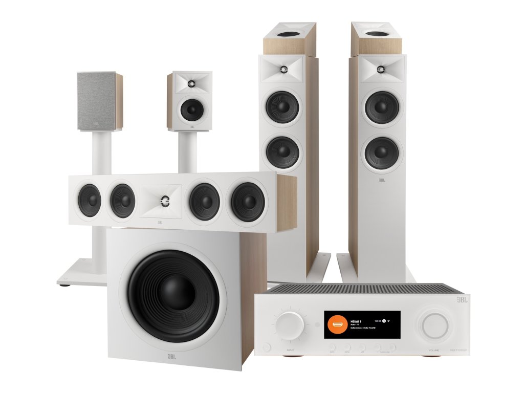 8847 24 jbl kompletni 5 1 2 set pro dolby atmos av zesilovac reproduktory stojany bily