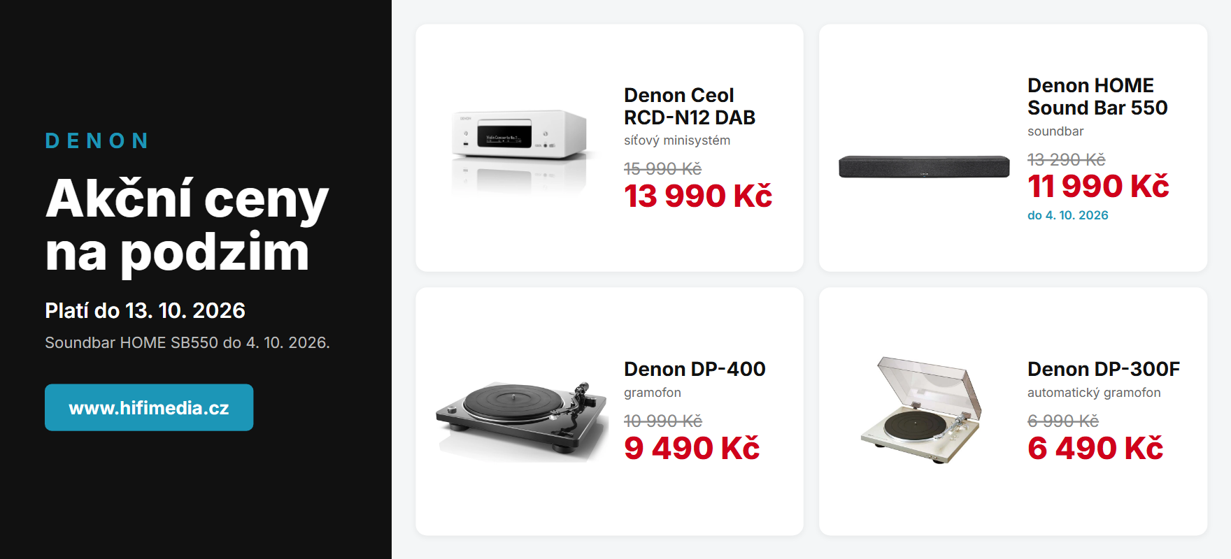 Denon akční ceny do 13. 10. 2026 – RCD-N12, HOME Sound Bar 550, DP-400, DP-300F