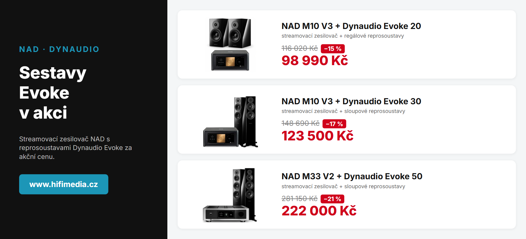Akční sestavy NAD + Dynaudio Evoke – M10 V3 + Evoke 20 za 98 990 Kč, M10 V3 + Evoke 30 za 123 500 Kč, M33 V2 + Evoke 50 za 222 000 Kč