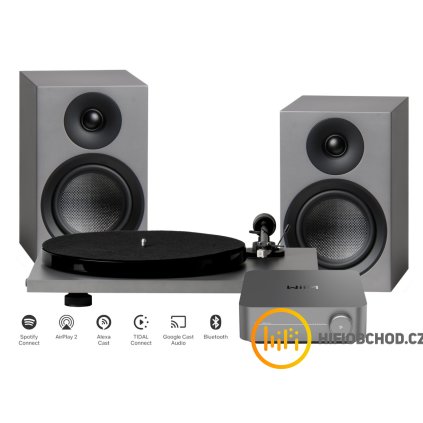 pro ject stereo set phono streaming audio set se zesilovacem wiim a gramofonem sedy