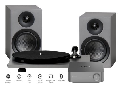 pro ject stereo set phono streaming audio set se zesilovacem wiim a gramofonem sedy