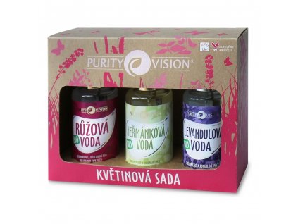 Purity Vision Květinová růžová voda s regeneračním účinkem 100 ml + jemná čisticí voda s heřmánkem 100 ml + zklidňující levandulová voda 100 ml dárková sada