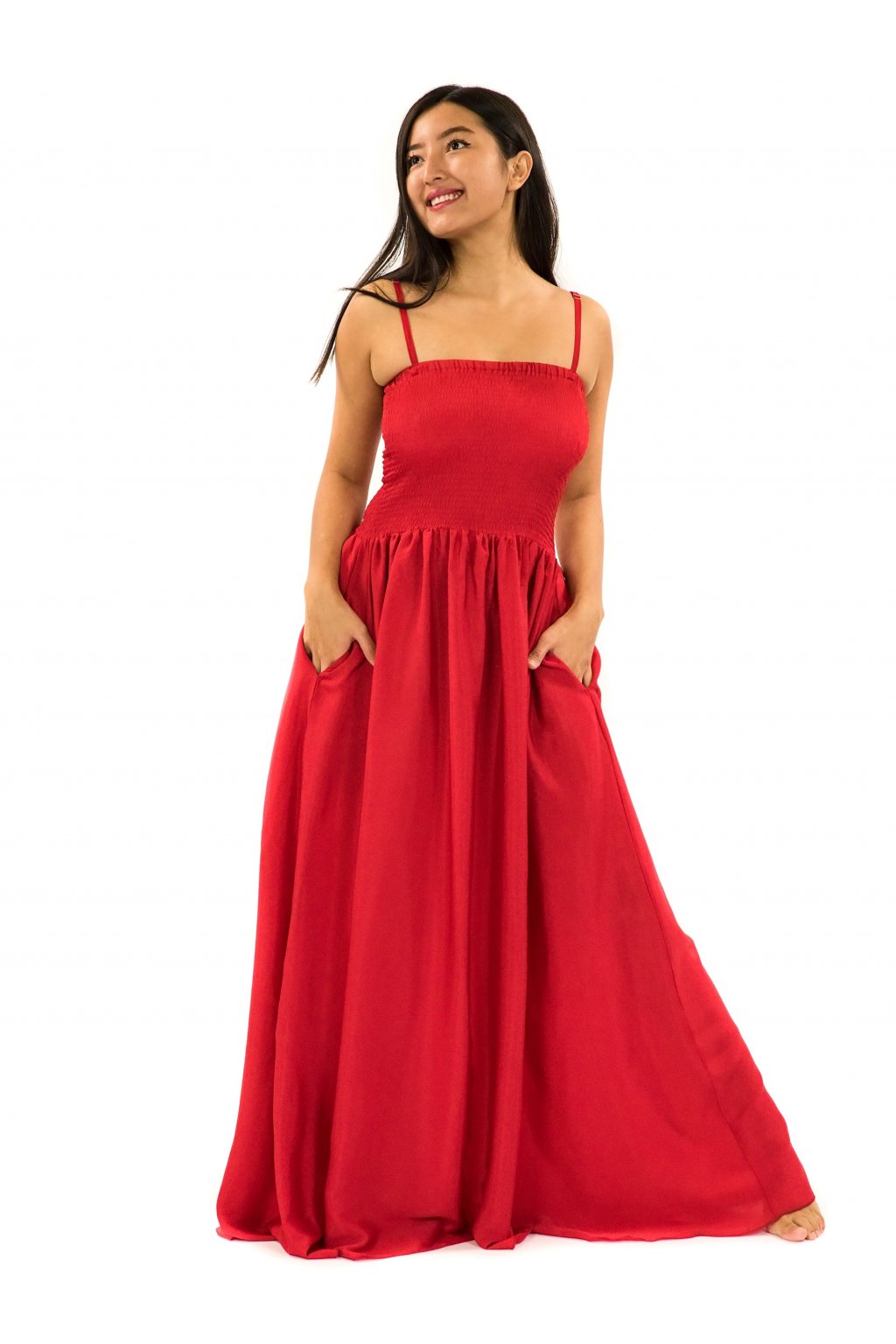 Dlouhé šaty s kapsami Plain - červené