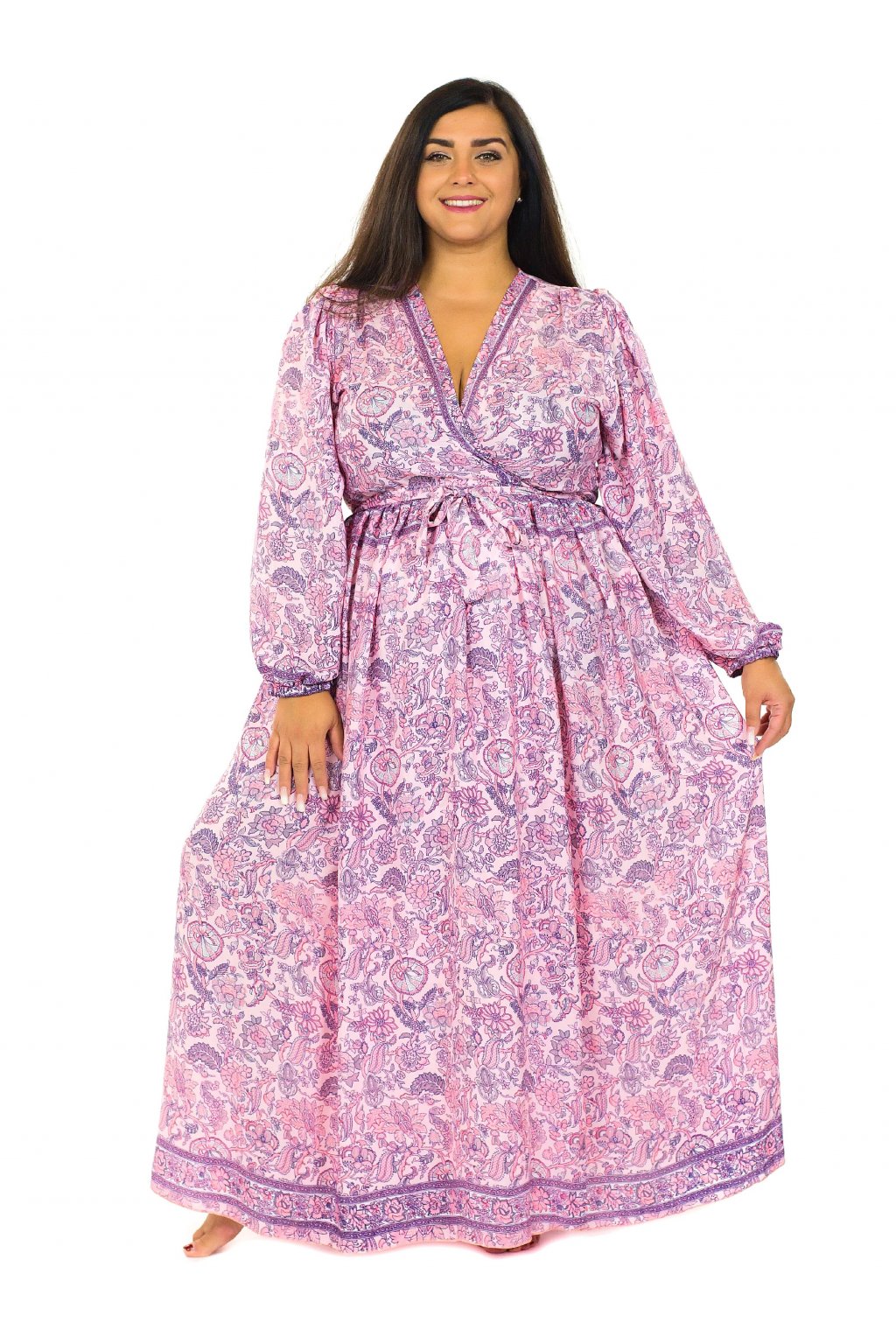 Zavinovací šaty s dlouhým rukávem Paisley - pudrové s fialovou