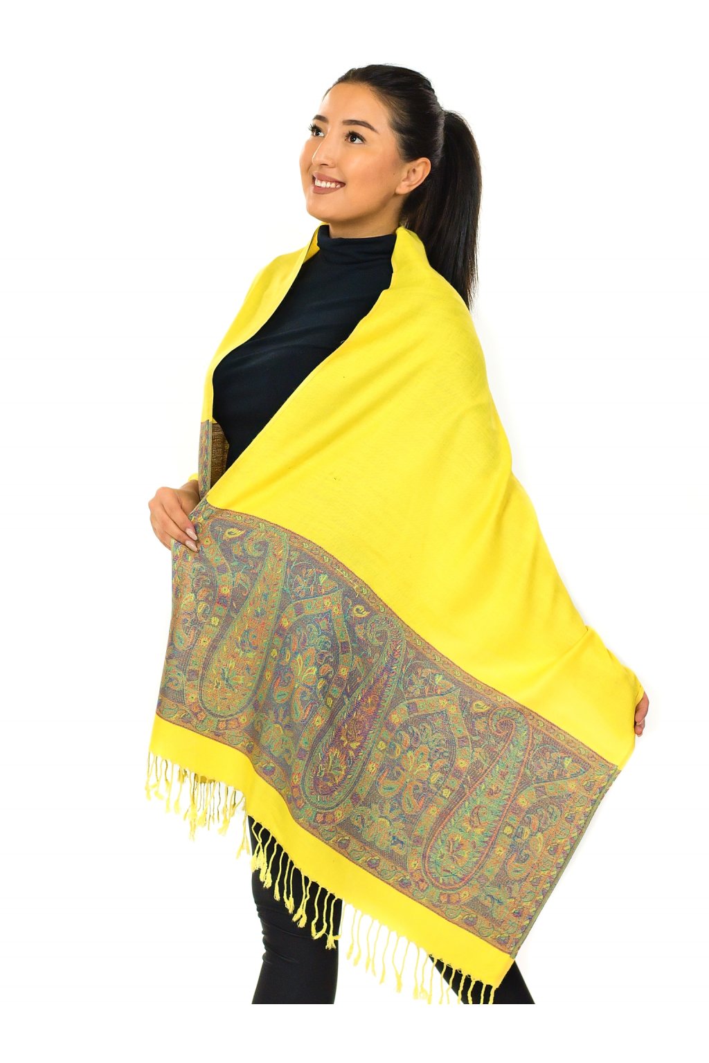 Šátek pašmína Nepal - žlutá s barvami