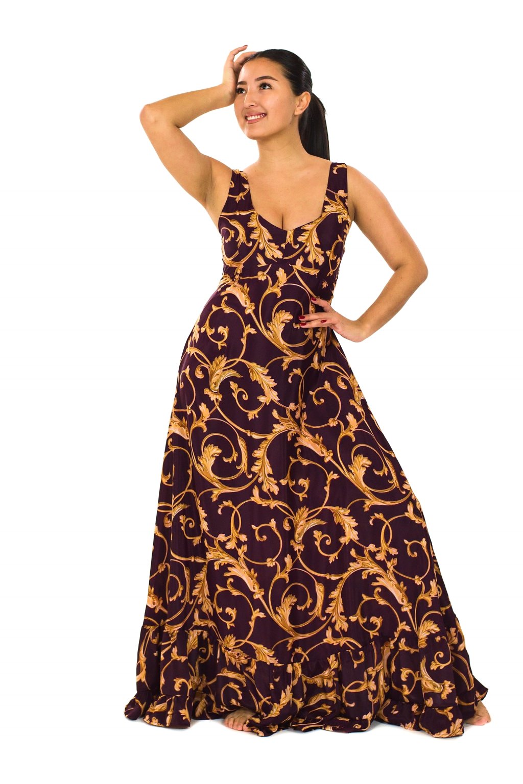 Dlouhé šaty s volány Persia - vínová se zlatou