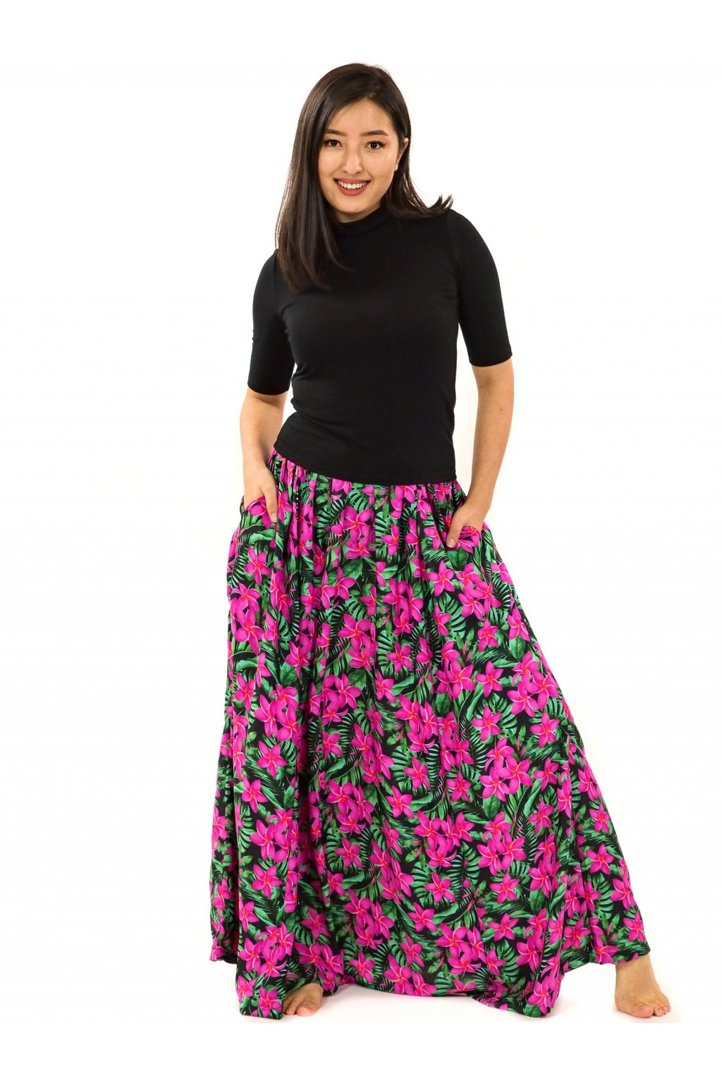 Maxi sukně s kapsami Plumeria - zelená s růžovou
