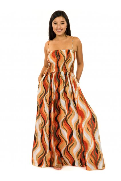 Dlouhé šaty s kapsami Vlny - oranžová s béžovou