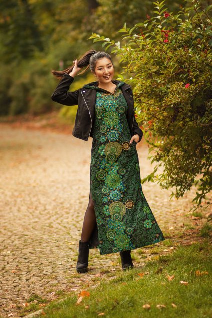 Dlouhé šaty s kapucí Sharma černá se zelenou