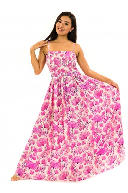 Dlouhé šaty s kapsami Taina - bílá s růžovou