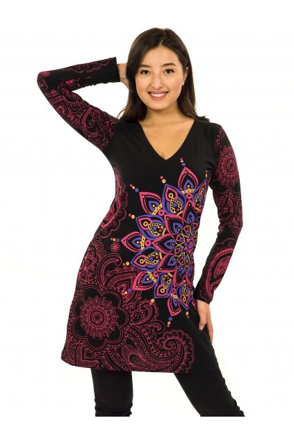 Šaty s dlouhým rukávem Angama - černá s růžovou