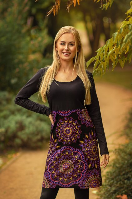 Šaty s dlouhým rukávem Kaika - černá s růžovou a fialovou