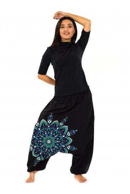 Harémové kalhoty Rania - černá s tyrkysovou a fialovou