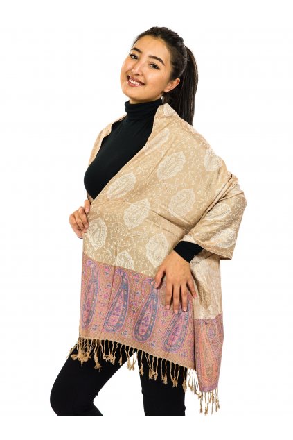 Šátek pašmína Nepal - béžová s bílou