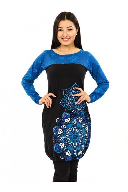 Balonové šaty s dlouhým rukávem Aruba - černá s modrou