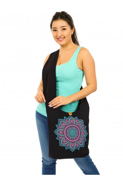 Vyšívaná crossbody kabelka Mandala - tyrkysová s růžovou