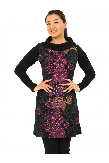 Tunika/šaty s límcem Lora - černá s růžovou