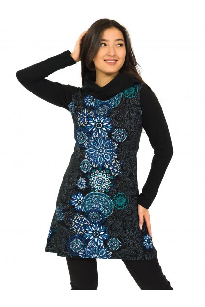 Tunika/šaty s límcem Lora - černá s modrou a tyrkysovou