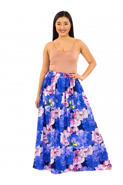 Maxi sukně s kapsami Pivoňka - modrá s fialovou a růžovou