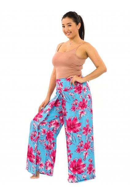 Zavinovací kalhoty Kora - tyrkysová s růžovou