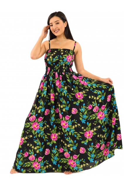 Dlouhé šaty s kapsami Luční květy - černá s barvami