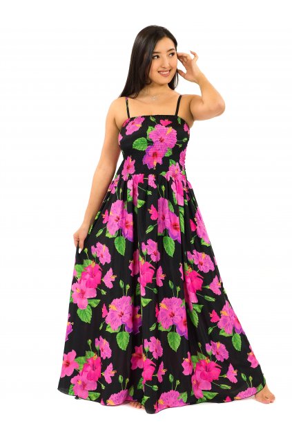 Dlouhé šaty s kapsami Ibišek - černá s růžovou