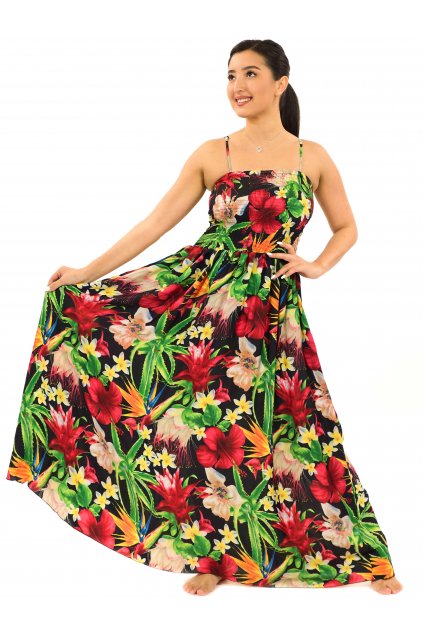 Dlouhé šaty s kapsami Tropické květy - černá s barvami