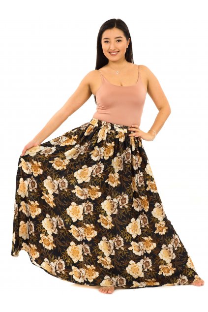 Maxi sukně s kapsami Růže - černá se zlatou a bílou