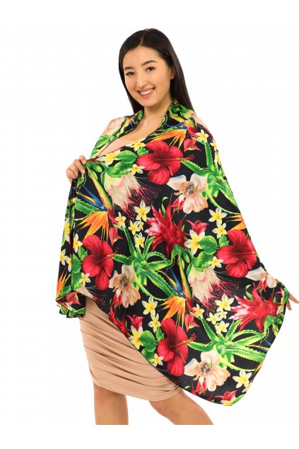 Maxi šátek Tropické květy - černá s barvami
