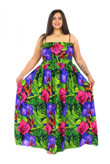 Dlouhé šaty s kapsami Orchidea - zelená s fialovou