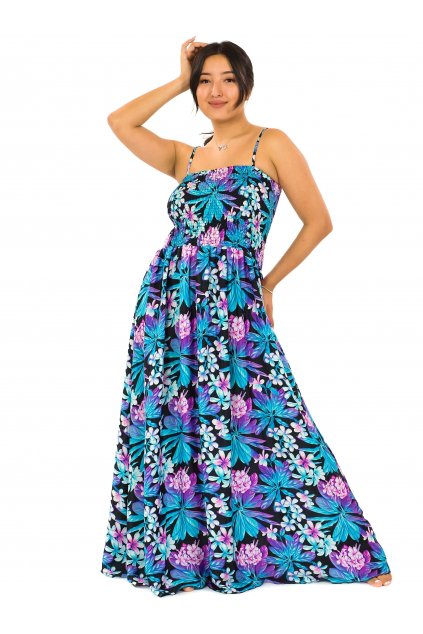 Dlouhé šaty s kapsami Plumérie - tyrkysová s fialovou