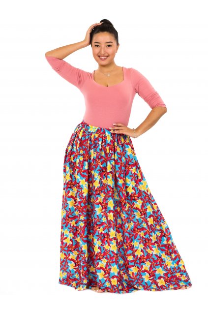 Maxi sukně s kapsami Plumérie - tyrkysová s růžovou