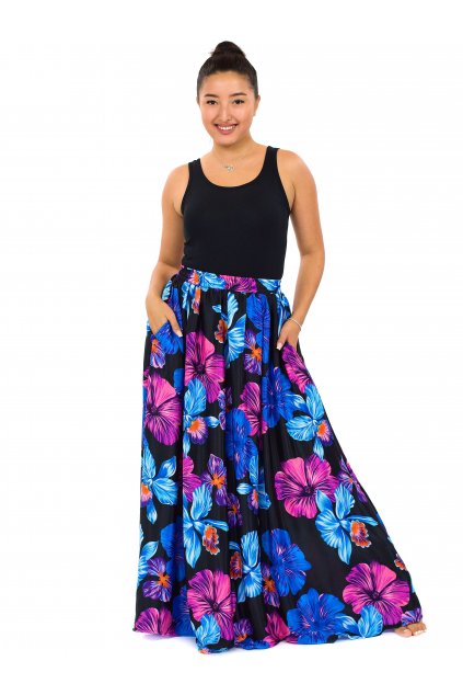Maxi sukně s kapsami Ibišek - černá s modrou