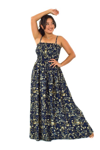 Dlouhé šaty s kapsami Sultana - modrá se zlatou