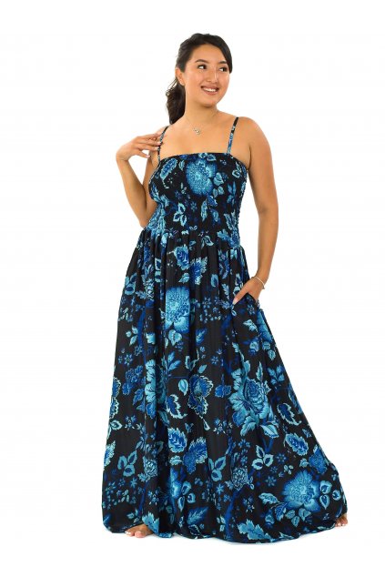 Dlouhé šaty s kapsami Růže - černá s modrou