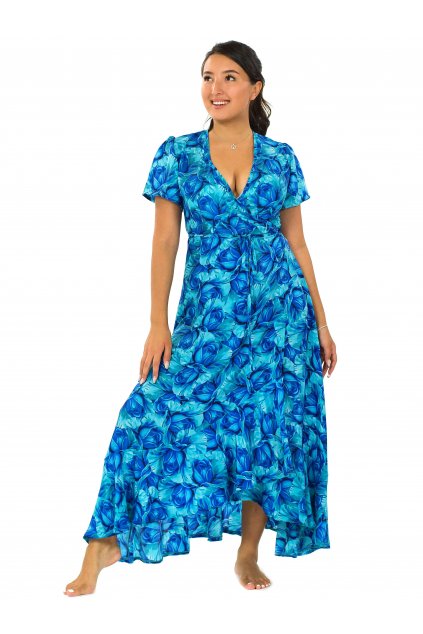 Zavinovací šaty s volány Rose - tyrkysová s modrou