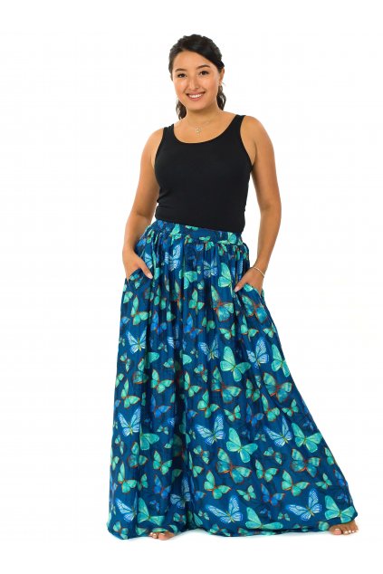 Maxi sukně s kapsami Motýli - modrá s tyrkysovou