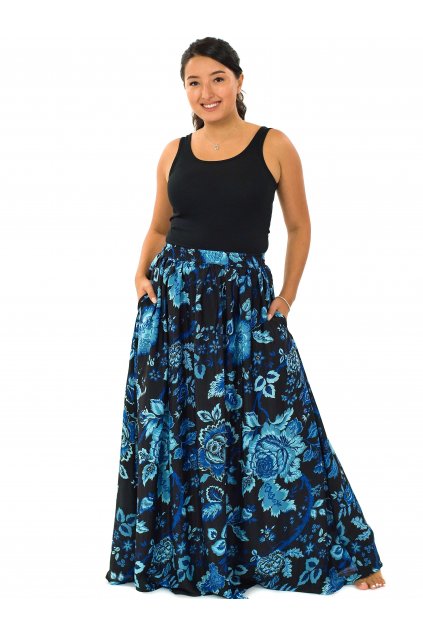 Maxi sukně s kapsami Růže - černá s modrou