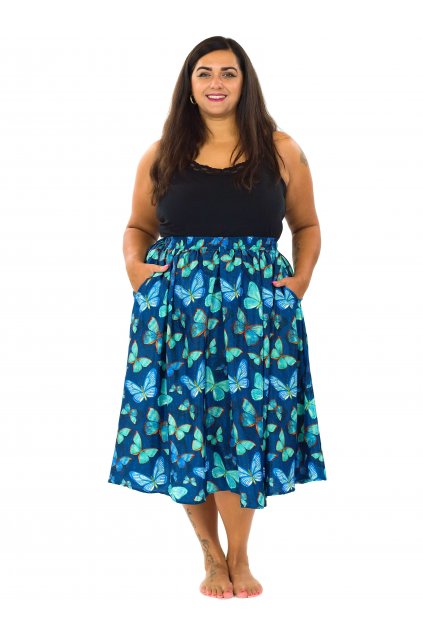 Kolová maxi sukně s kapsami Motýli - modrá s tyrkysovou