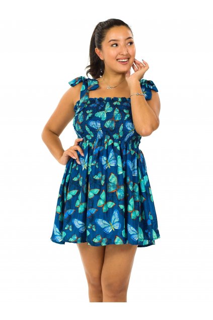 Mini šaty-sukně 2v1 Ezra Motýli - modrá s tyrkysovou