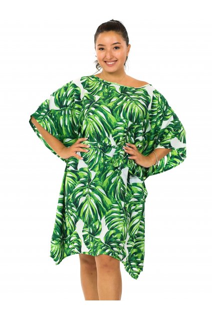 Letní kaftan Monstera - zelená s bílou